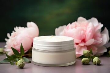 Cosmetic cream blank jar mock up with peonies flowers