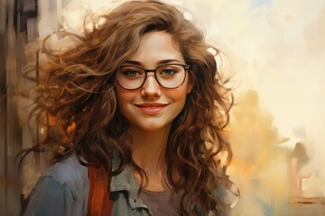 Photo of a beautiful happy young woman in glasses against the backdrop of beautiful mountains