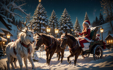 Beautiful girl in Santa Claus clothes on the background of the Christmas village