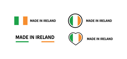 Made in Ireland icons. Flat, color, emblems made in Ireland, made in Ireland flag, heart. Vector icons