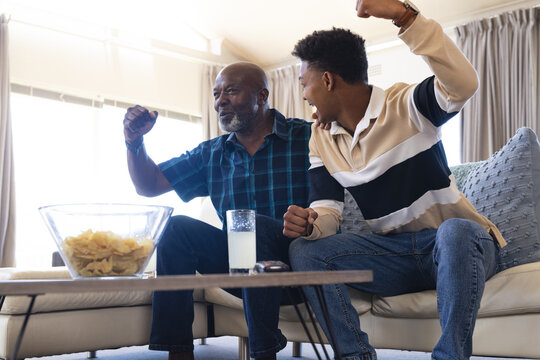 Excited african american father and adult son watching sport on tv and celebrating victory