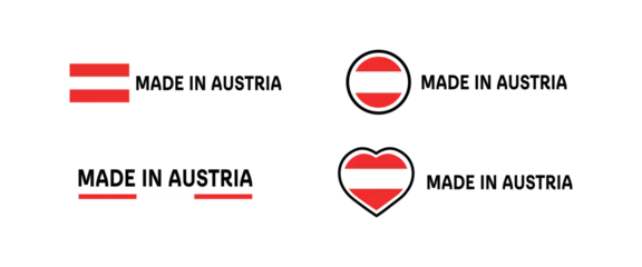Fototapeten Made in Austria icons. Flat, color, emblems made in Austria, made in Austria flag, heart. Vector icons © Павел Озарчук