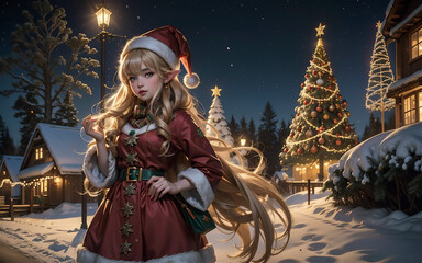 Fototapeta premium Beautiful girl in Santa Claus clothes on the background of the Christmas village