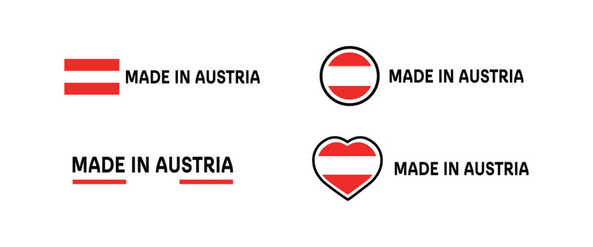 Made in Austria icons. Flat, color, emblems made in Austria, made in Austria flag, heart. Vector icons