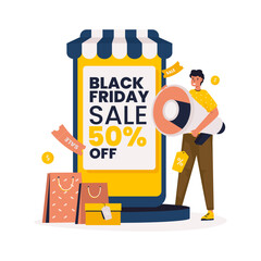 Online store with a man promote Black Friday sale vector illustration