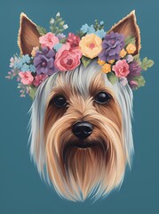dog with a floral crown on a blue background