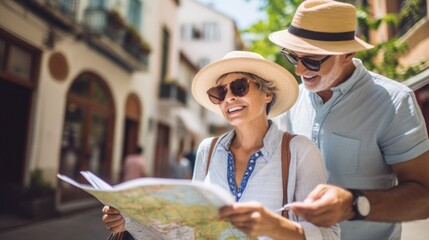 Fototapeta premium Senior woman and her partner study a map while standing in the city during vacation. Vacations, travel