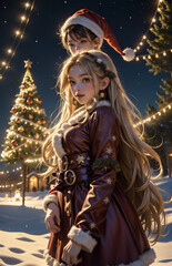 Obraz premium Beautiful girl in Santa Claus clothes on the background of the Christmas village