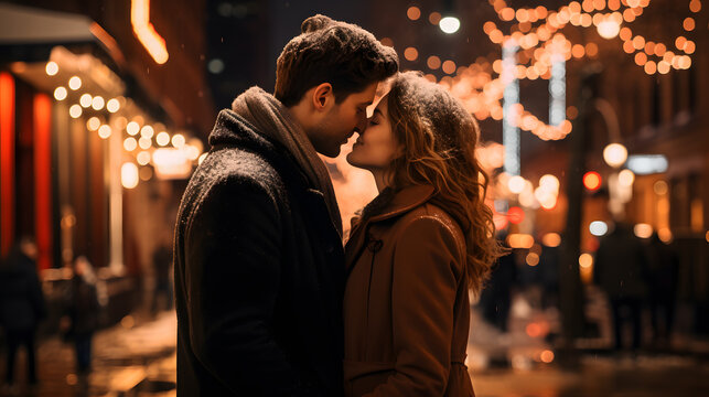 A couple shares a beautiful and passionate kiss in the heart of the city, surrounded by city lights, representing love in an urban setting for Valentine's Day.