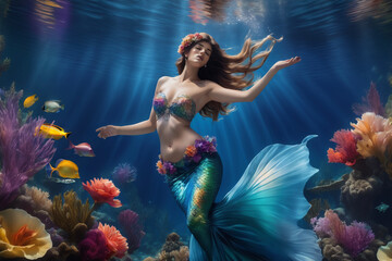 Freediver girl with mermaid tale, mermaid in the water