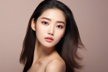 Naklejka premium Beautiful young Asian woman with natural makeup and perfect skin. Facial care concept, cosmetology, plastic surgery