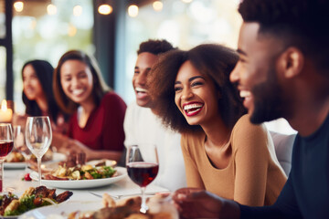 African American family having dinner during thanksgiving day. Happy people celebrating holiday, eating and laughing together - obrazy, fototapety, plakaty