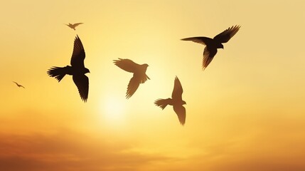 Naklejka premium Flock of Birds Soaring Through a Colorful Sunset Sky generated by AI tool 