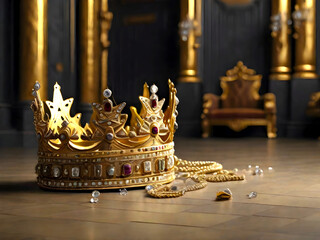 Broken golden crown next to a throne. Fallen empire and monarchy. Government systems. Republic vs. monarchy.  - 671471569