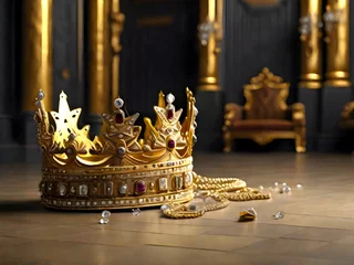 Fotobehang Broken golden crown next to a throne. Fallen empire and monarchy. Government systems. Republic vs. monarchy.  © *** ***