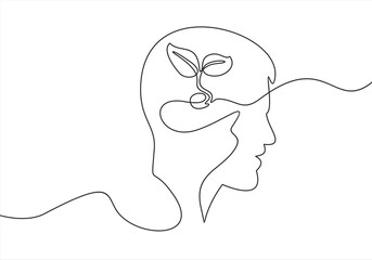 One continuous line drawing of human head with plant inside. Mental health and psychology vector concept. Creative ideas, grow up, positive thinking and self care. Growth mindset skills illustration