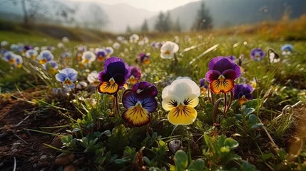 Keuken spatwand met foto Flowers pansies on the lawn in the sunlight, spring wildflowers. Spring.  © Виктория Попова