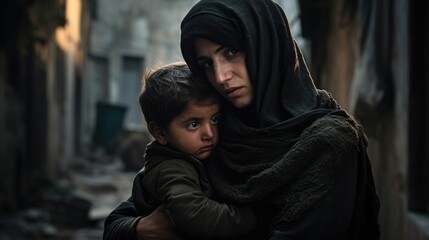 Mother and child on the street of a destroyed city. Refugees. World peace concept, ending war