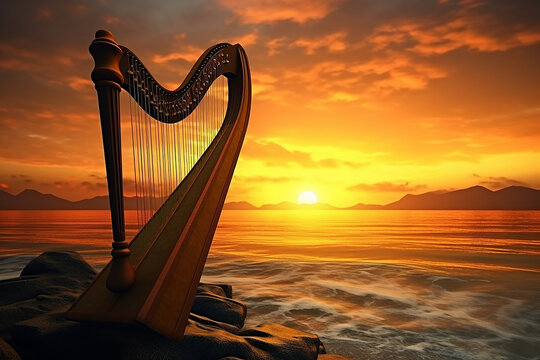 Majestic celtic harp against the backdrop of a beautiful ocean sunset, generative ai