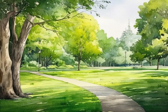 Watercolor of a Serene Public Park Illuminated by the Rising Sun