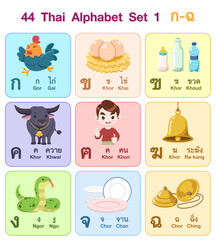 Cute Thai Alphabet set 1 cartoon vector illustration