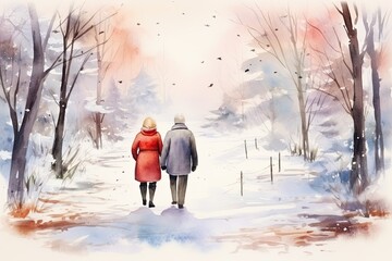 senior couple in winter forest watercolor design - obrazy, fototapety, plakaty