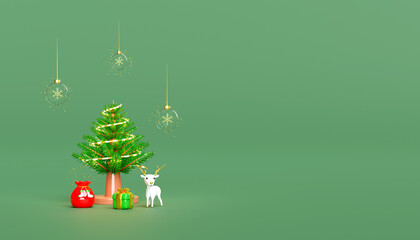 3d snow ball, ornaments glass transparent with reindeer, pine tree, gift box, snowflake, gift bag. merry christmas and happy new year, 3d render illustration