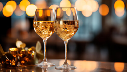 Two glasses of sparkling wine on a background with bokeh.