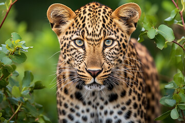 Naklejka premium Close-up portrait of wild beautiful leopard in nature