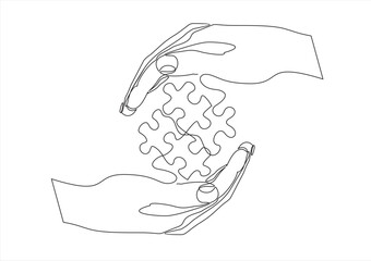 Human resources team work business person hand with puzzle piece thin line Icon - editable stroke.Continuous one line drawing