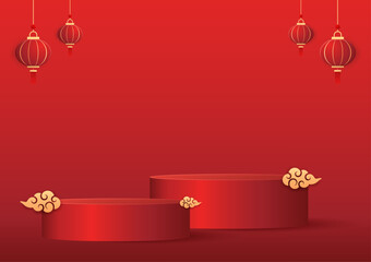 Happy Chinese new year 2024. Chinese new year banner with circle for show product. Greeting card. China frame with lantern on red background.