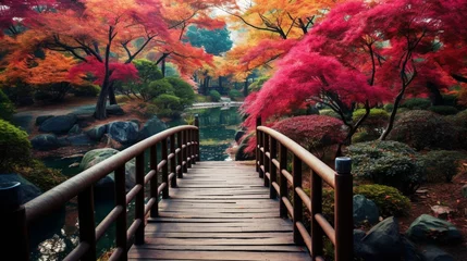 Fototapeten red bridge in autumn  generated by AI © Aliza
