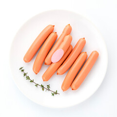 Boiled chicken sausages thyme sprig on white background close up top view isolated on round plate for your design. Healthy food. Protein, vitamins