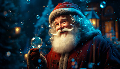 Happy Santa Claus with bubbles in the forest.