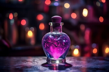 Obraz na płótnie Canvas Bottle with love potion. pink magic heart elixir. Design elements for Valentines day. love vial Aphrodisiac flask
