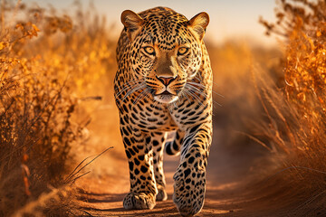 Beautiful graceful spotted leopard hunting and walking in nature