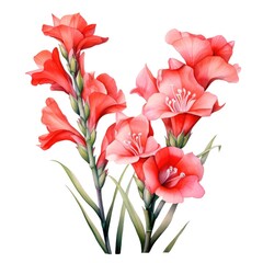 watercolor gladiolus flowers illustration on a white background.