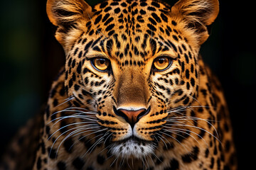 Beautiful close-up portrait of spotted leopard on black background