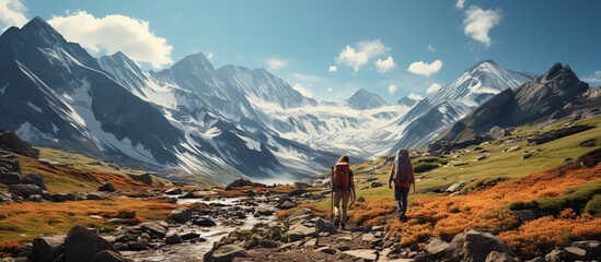 Two young women mountain climbers walking forward, high mountain peaks, a little snow, beautiful scenery, beautiful colouring, beautiful lighting