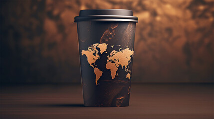 coffee cup and golden world map
