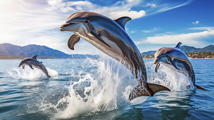 Dolphins jumping out of the water on a sunny day. 3d rendering.  - obrazy, fototapety, plakaty