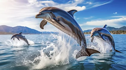 Foto op Canvas Dolphins jumping out of the water on a sunny day. 3d rendering.  © korkut82