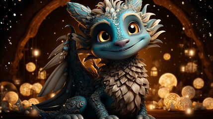 Wooden dragon on a background with bokeh.