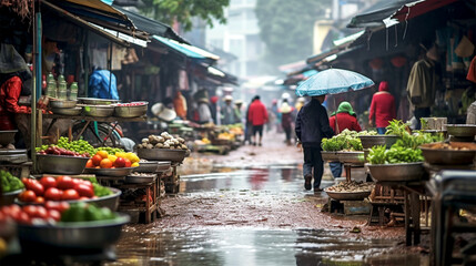 outdoor market in Vietnam on a rainy day