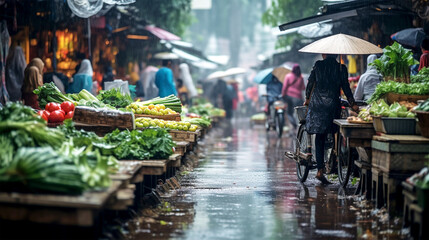 outdoor market in Vietnam on a rainy day - 671474711