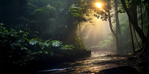 beautiful lush rainforest in twilight
