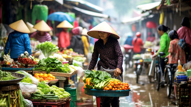 outdoor market in Vietnam on a rainy day