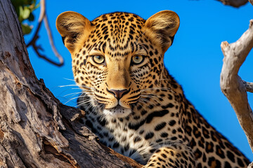 Fototapeta premium Beautiful spotted leopard lying on a tree