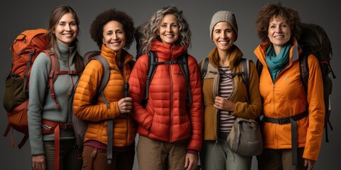 Portrait of happy female travelers with backpacks and sportswear. Generative AI