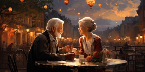 illustration of a happy elderly couple sitting in a restaurant. Generative AI